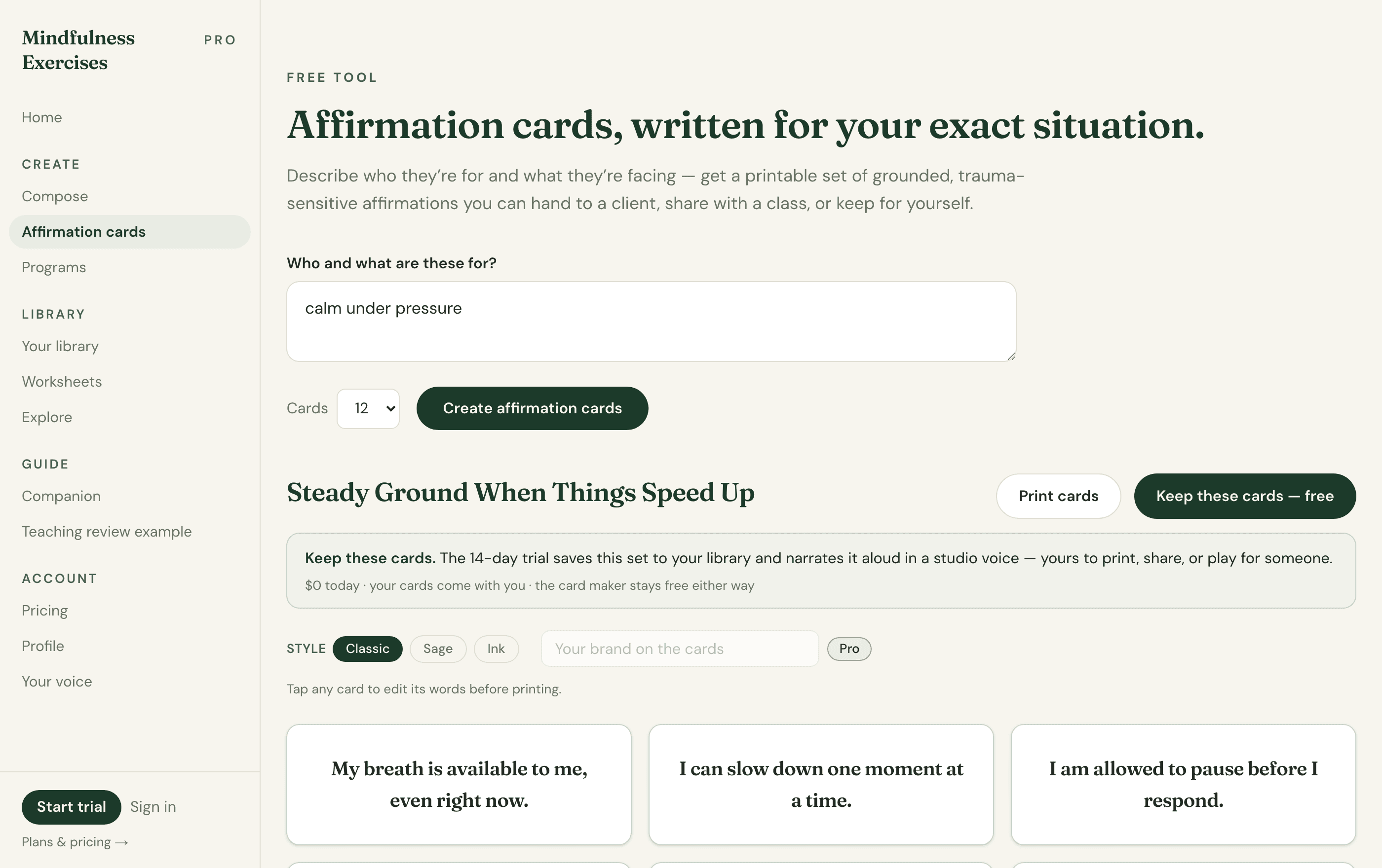 The free affirmation-card tool with a freshly generated printable deck of cards