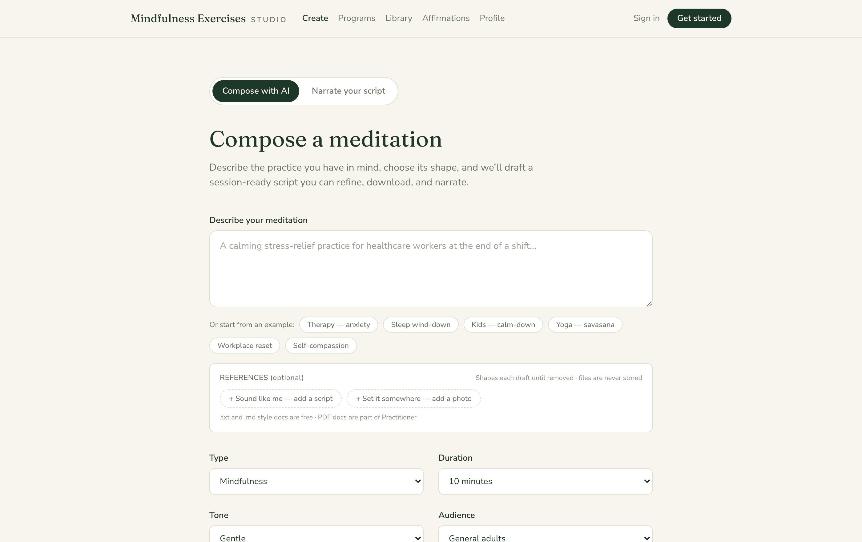 The compose form: describe a meditation, start from an example, attach reference files, choose type, duration, tone, audience, and language mode