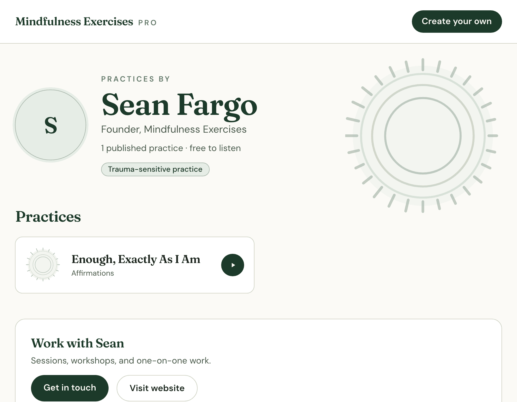A practitioner's public page: bio, work-with-me links, and their published practices