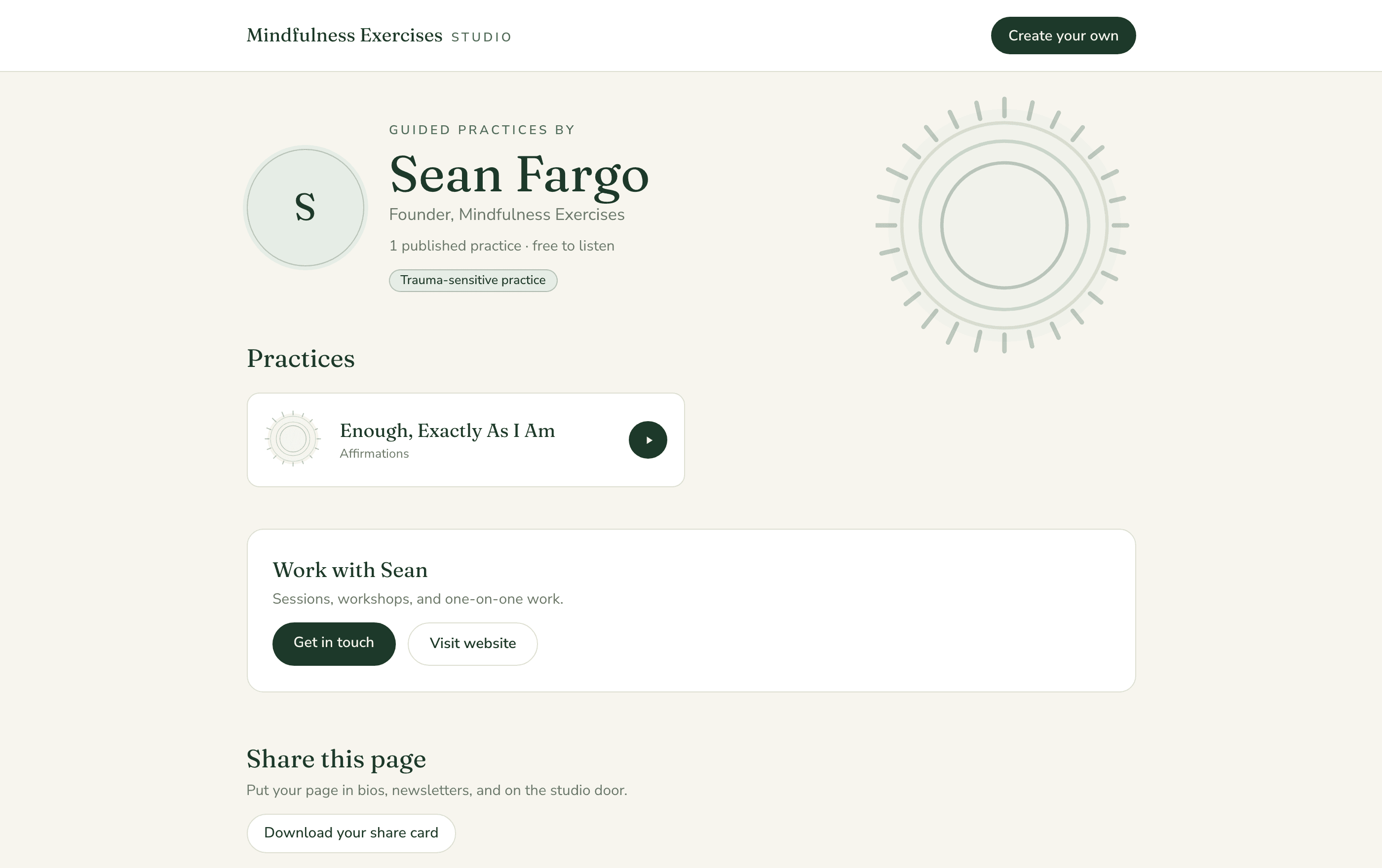 A practitioner's public page: bio, work-with-me links, and their published practices