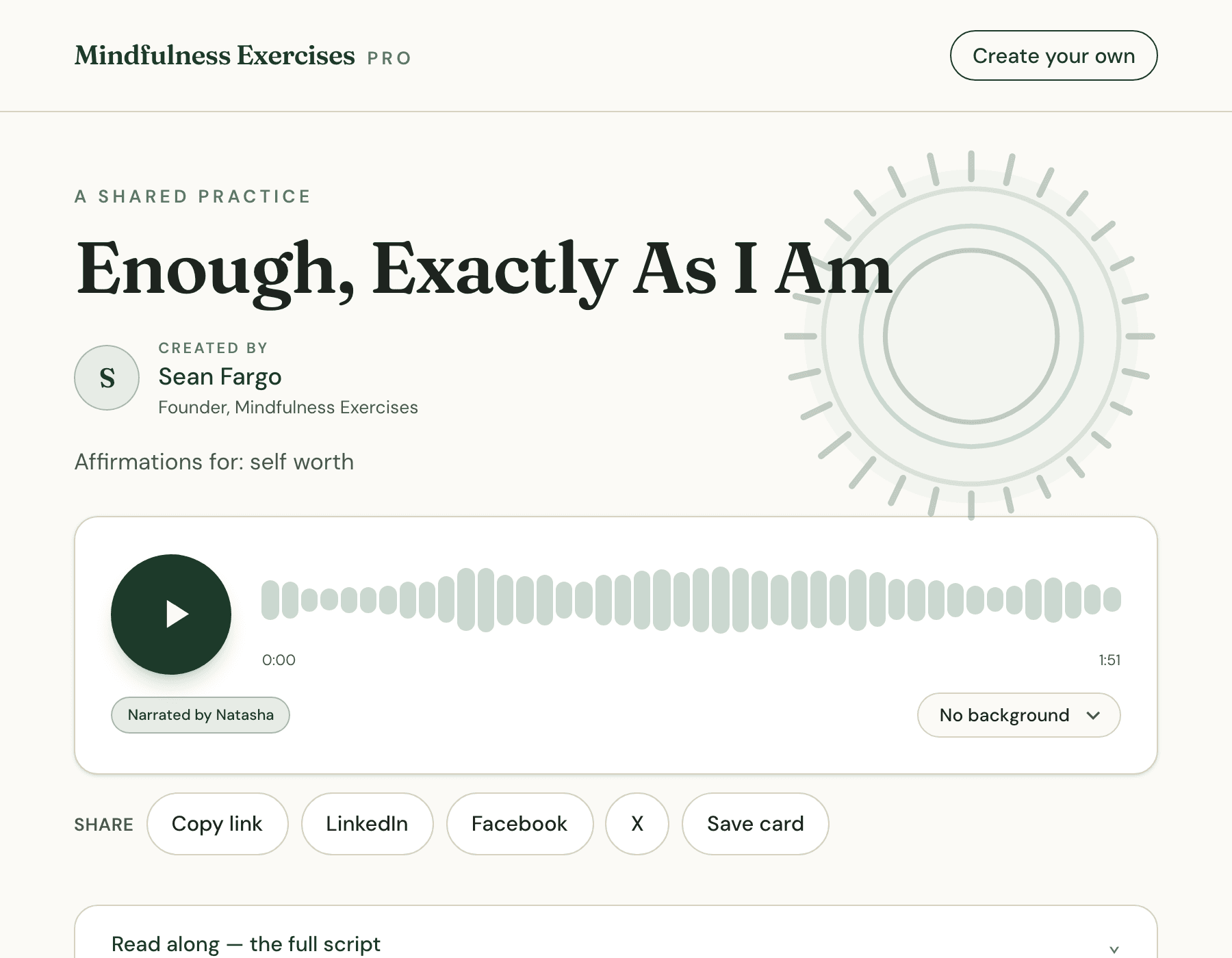 A practice share page: title, streaming audio player, and the practitioner's name