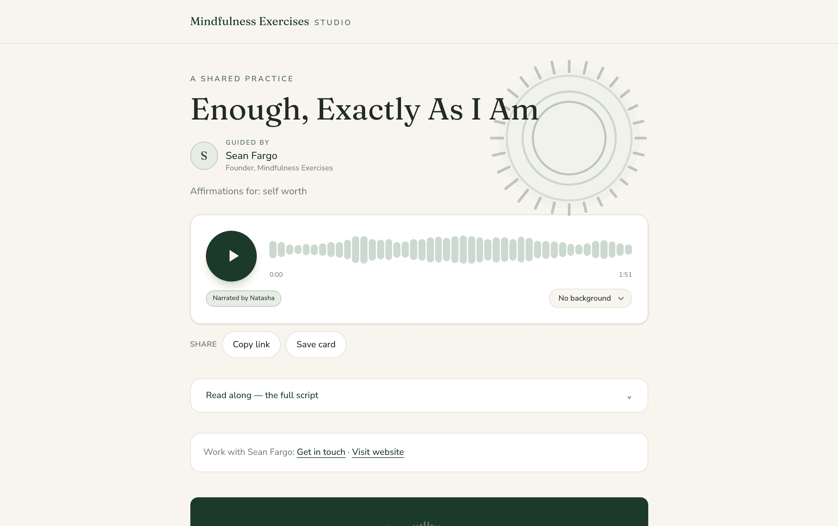 A practice share page: title, streaming audio player, and the practitioner's name