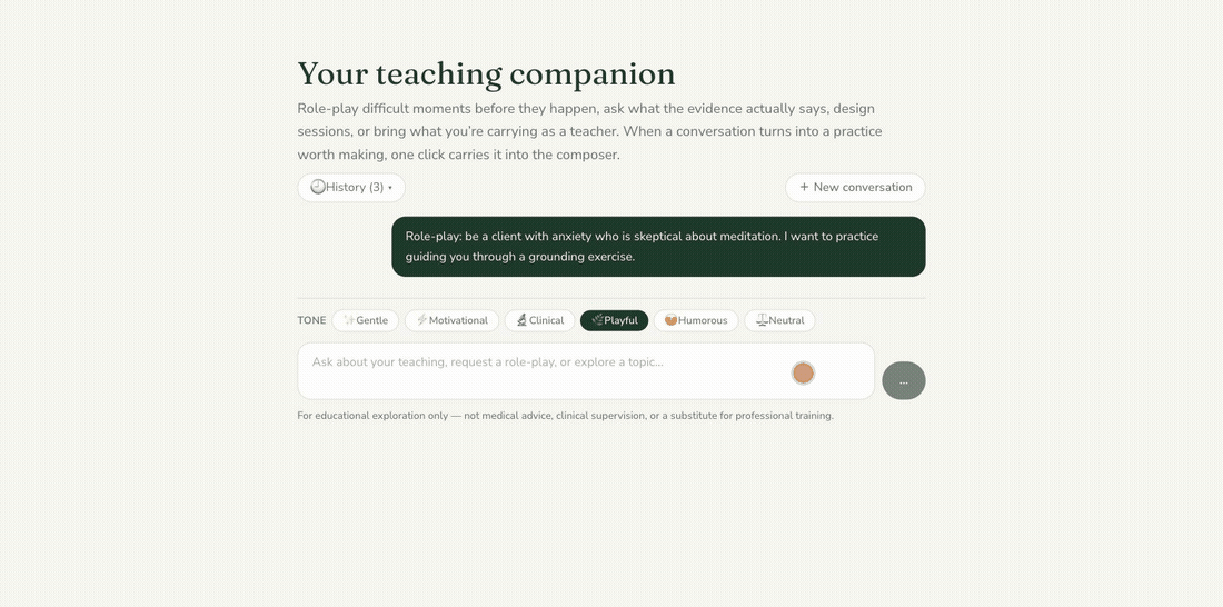 Animated demo: the companion plays Reese, a skeptical client with anxiety, in a role-play. After each practice turn a Coach note names what worked, and follow-up chips written from the conversation appear — including one that turns the conversation into a practice.