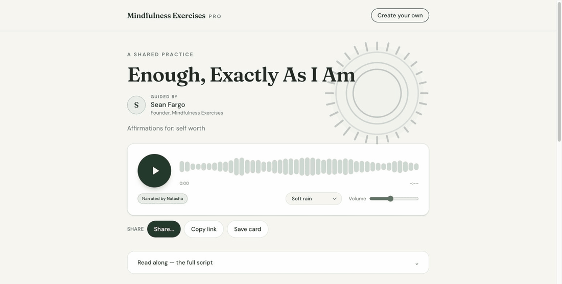 The listening page a client receives: narrated audio player, a Soft rain background sound with its own volume control, share and save-card buttons, and the read-along script where every line carries its measured seconds of stillness