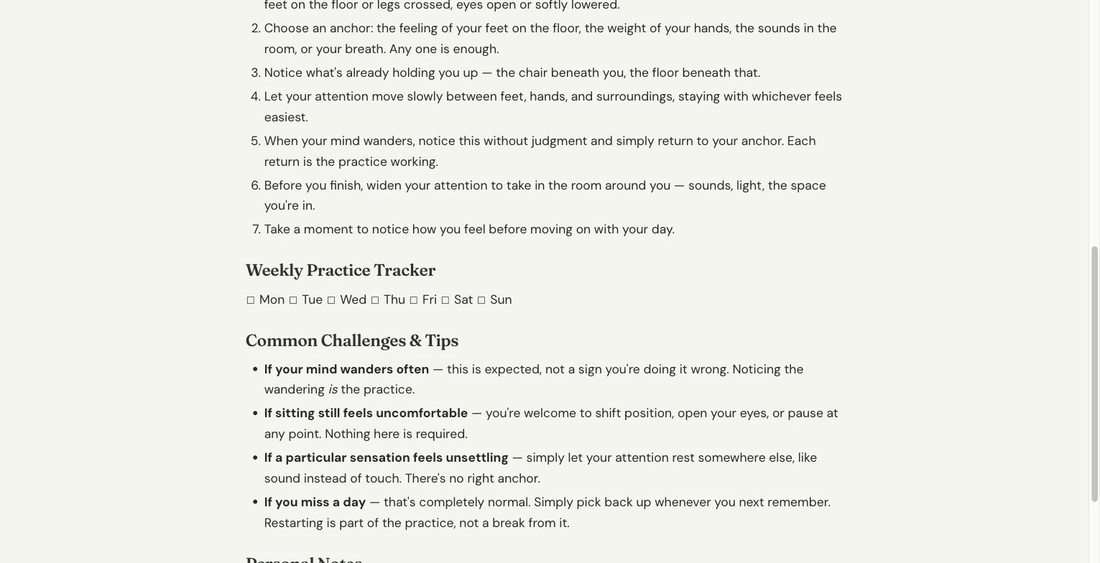 A generated Practice Companion worksheet scrolling through: why this practice matters, seven home-practice steps, a weekly practice tracker with checkboxes, common challenges and tips, personal notes — footed 'Prepared by Sean Fargo, Created with Mindfulness Exercises Pro'